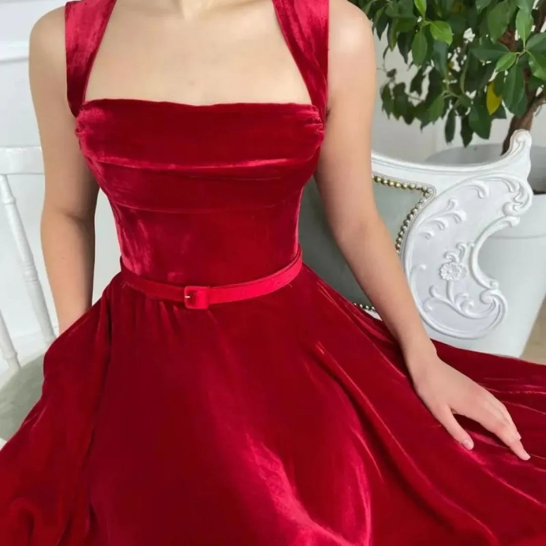 Red Caftan Evening Gowns A Line Tea Length Party Prom Dress Sleeveless Velvet Formal Lady Wear Red