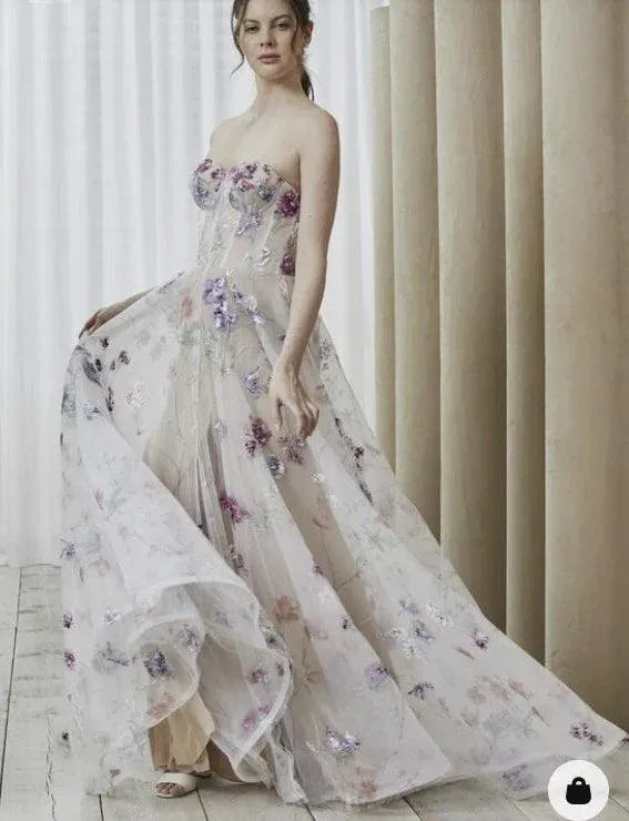 Print Flower Wedding Dresses Sweetheart Bridal Gowns For Bride Robe De Mariée Beach Sweep Train For Women