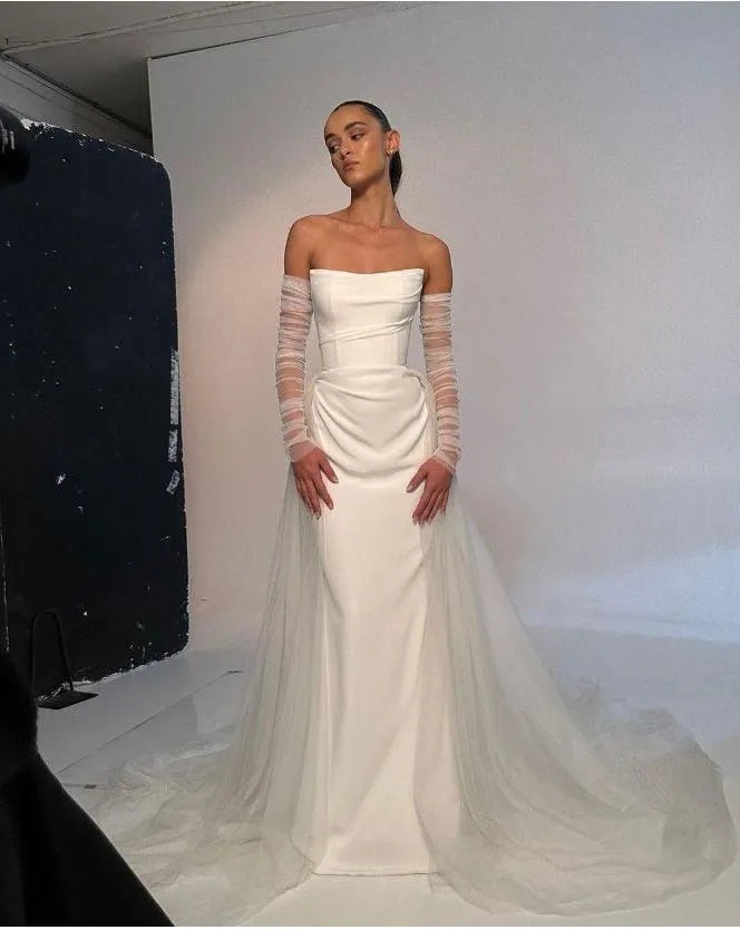 Toofgon Mermaid Satin Bride Wedding Dresses Tulle Skirt Detchable Long Sleeves Bridal Wedding Party Gowns Women Formal Party Mermaid