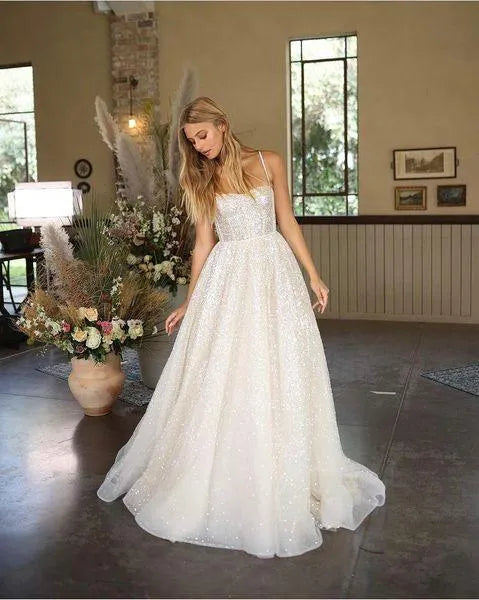 Shiny Wedding Dresses Boho Sweetheart Sequin Spaghetti Strap A-Line Princess Wedding Bridal Gown As Picture