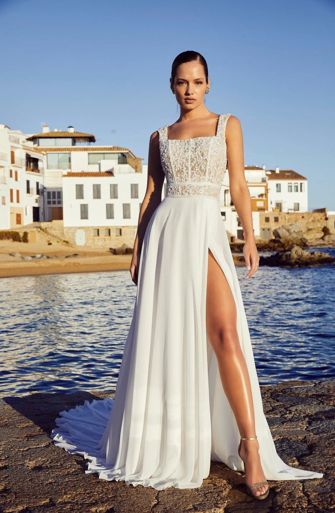 A-Line Wedding Dresses for Bride Square Collar Backless Slit Buttons Appliques Chiffon Vestido De Casamento Ivory 20W