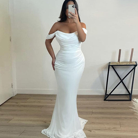 Vestidos de noche árabes para fiesta de bodas, hombros descubiertos, pliegues blancos, gasa, sirena, vestidos formales para celebridades, vestidos de fiesta de graduación 