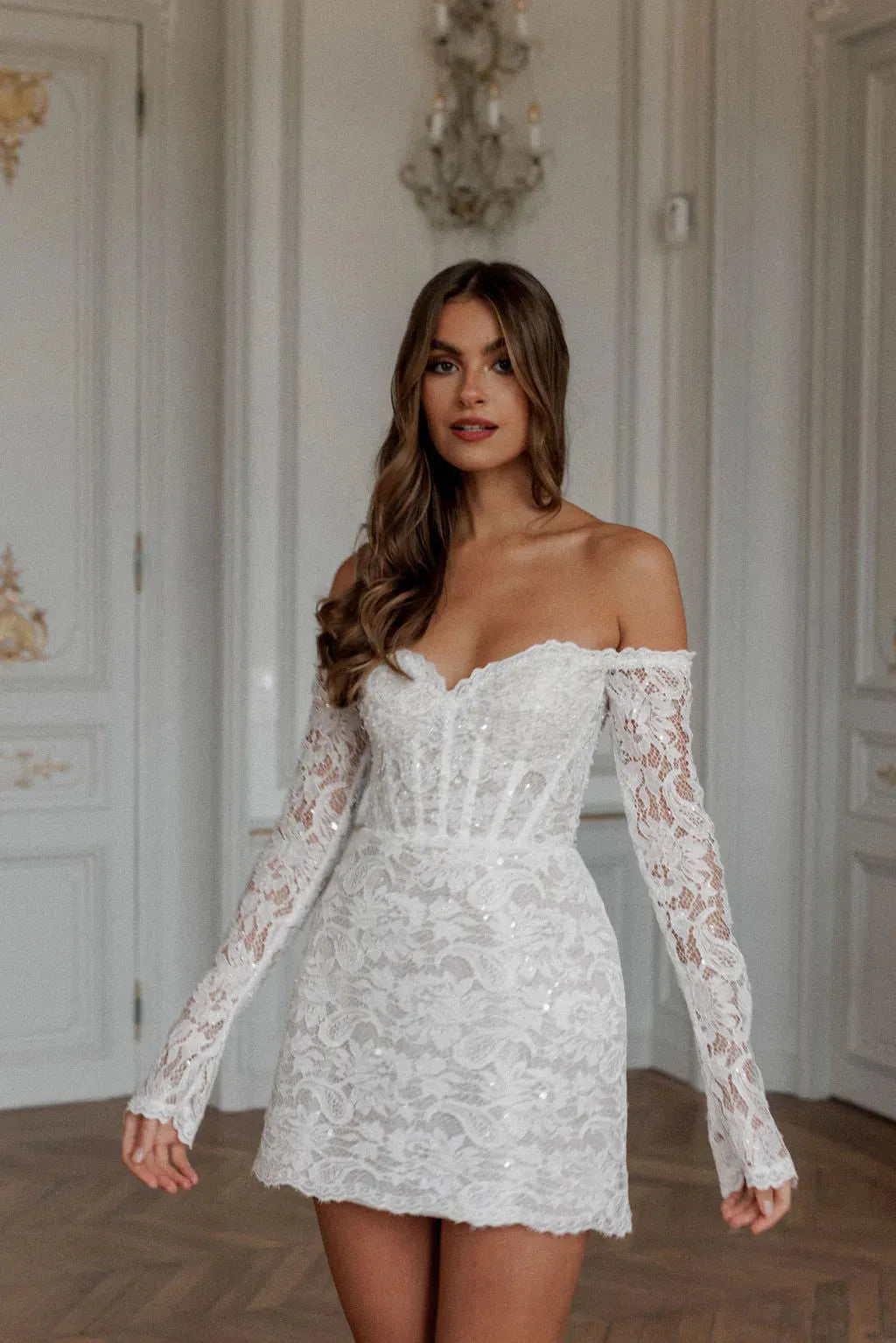Glitter Full Lace A-Line Mini Wedding Dresses Long Sleeves Sweetheart Off The Shoulder Short Bridal Gowns vestidos de novia Short Wedding Dress