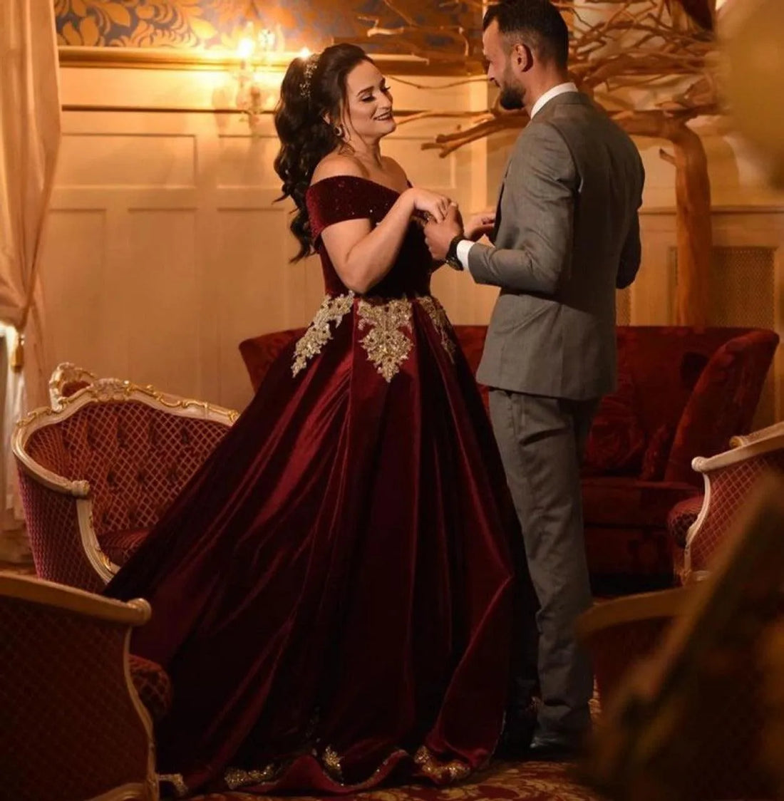 Caftan Karakou Algerien Formal Evening Dresses Off The Shoulder Velvet Gold Lace Peplum Occasion Evening Gown Burgundy