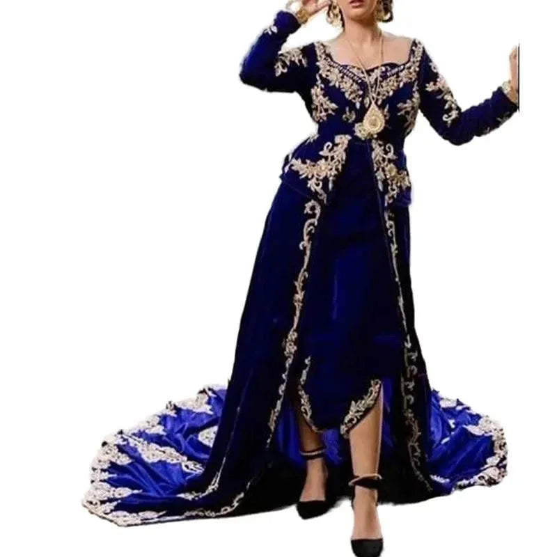 Royal Blue Algerian Caftan Evening Dress Morocco Velvet Special Occasion Dresses Appliqued Lace Outfit Prom Party Gowns royal Blue
