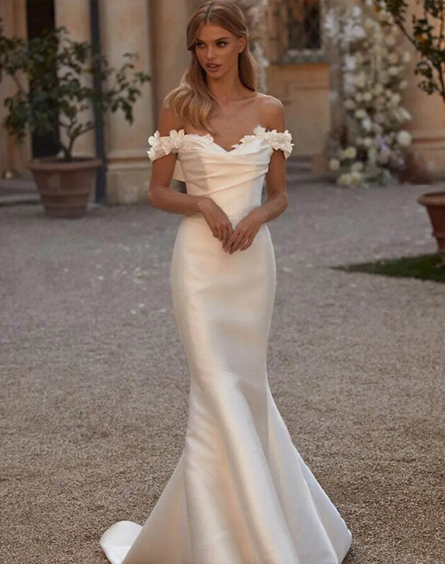 Ivory Mermaid Wedding Dresses Detachable Train Off Shoulder 3D Flowers Bride Dress Satin Overskirt Wedding Gowns Plus Size Mermaid