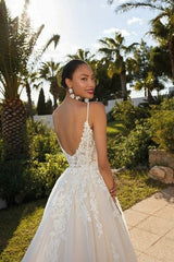 Toofgon A Line Applique Lace Bride Wedding Dresses Spaghetti rems en linje formell bröllopsfest klänningar backless vestido de noiva