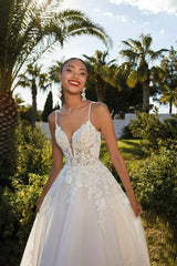 Toofgon A Line Applique Lace Bride Wedding Dresses Spaghetti rems en linje formell bröllopsfest klänningar backless vestido de noiva