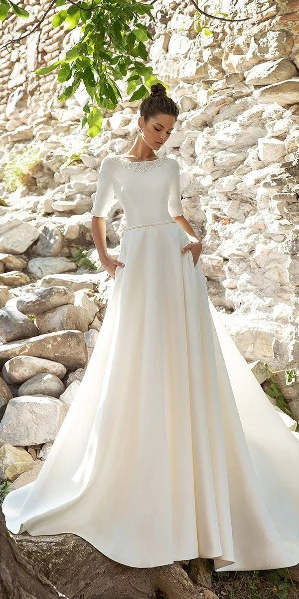 Simple Graceful Wedding Dresses With Pockets Elegant Bridal Gowns A-Line Robes Satin Three Quarters Sleeves Vestidos De Novia 14W
