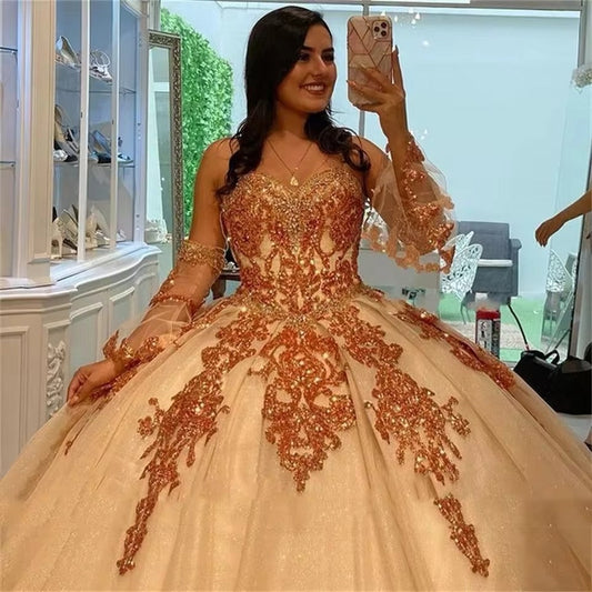 Kjæreste quinceanera kjole glitter for 15 fest mote avtakbare ermer applique formell bursdagsprinsesse kjole