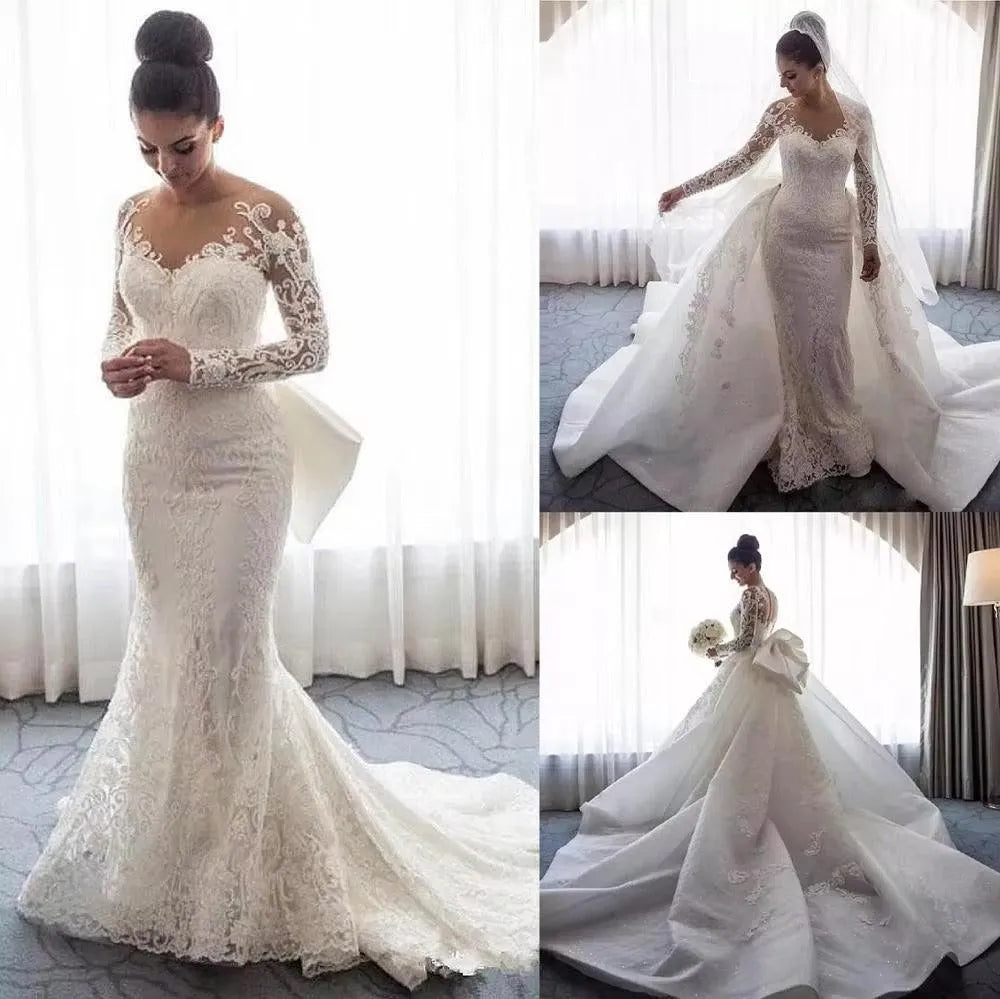 Luxury Women's Lace Wedding Dresses Detachable 2-Piece Set Gorgeous Decal Mermaid Long Sleeve Princess Formal Beach Bride Gowns Mermaid