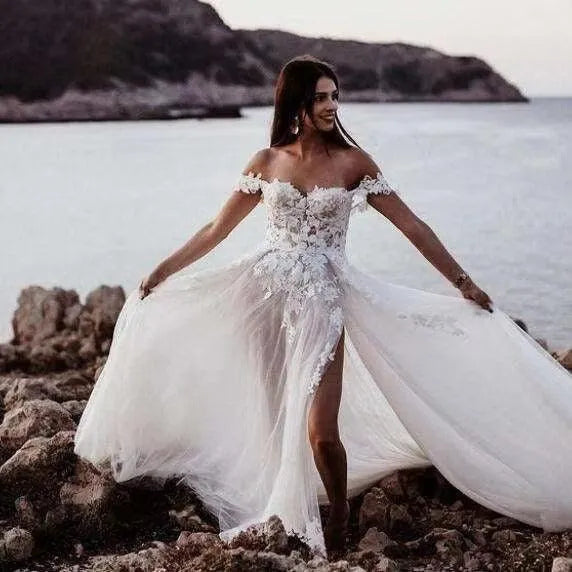 Luxurious Boho Off Shoulder Mopping Wedding Dresses Sweetheart Lace Beautiful Bridal Gowns Side Split Corset Sleeveless New Boho