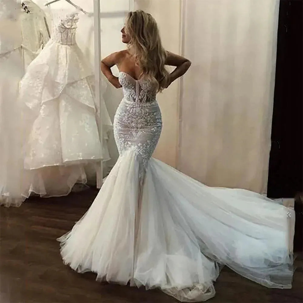 Lace Wedding Dresses Mermaid Strapless Boho Fish Bridal Gowns Open Back Princess Party Gowns With Puffy Tulle Skirt Ivory