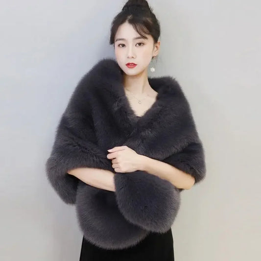 2023 New Autumn Women Open Stitch Solid Color Shawls with Faux Fur Flocking Short Cape Female Winter Pashmina Wraps T299 Sarah Houston