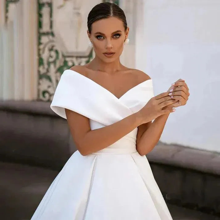 Elegant Wedding Dresses Off The Shoulder Satin A-Line Bridal Gowns For Formal Party V-Neck Floor Length Vestidos De Novia 14W