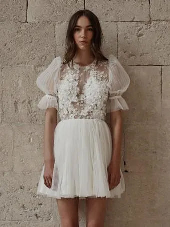 White Short Wedding Dress Tea Length Jewel Neck Long Sleeves A-Line V-Nec Bow Satin Court Train Sleeves White Modern Bridal Vestido De Novia Princess Gown Satin Mermaid Satin