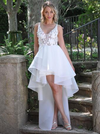 Abito da sposa in pizzo senza scollo a V corto Abito da sposa sirena moderna MODERNA MONIGLIO OW CORTE TREACE DELLA TRENO DELLA PRINCIPE PRINCIPRISSA PRINCIPRISSA WHITE VESTIDO DE NOVIA