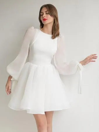 Short Wedding Dresses Jewel Neck Short Long Sleeves Natural Waist Short Organza Wedding Dress Satin Mermaid Bow Satin Court Train Sleeves White Bridal Princess Gown Vestido De Novia Modern Satin