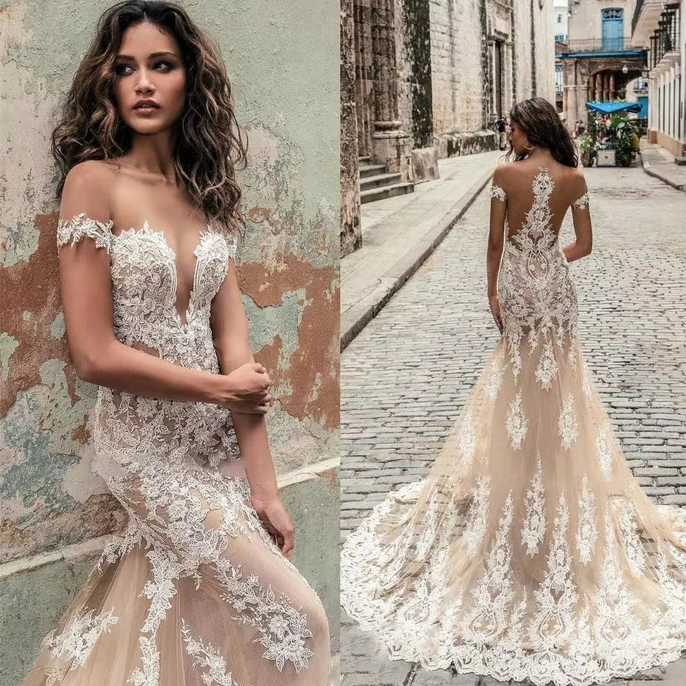 Luxury Mermaid Lace Wedding Dresses White Open Back Deep V-neck Off The Shoulder Bridal Gowns Sweep Train Vestido De Novia Mermaid
