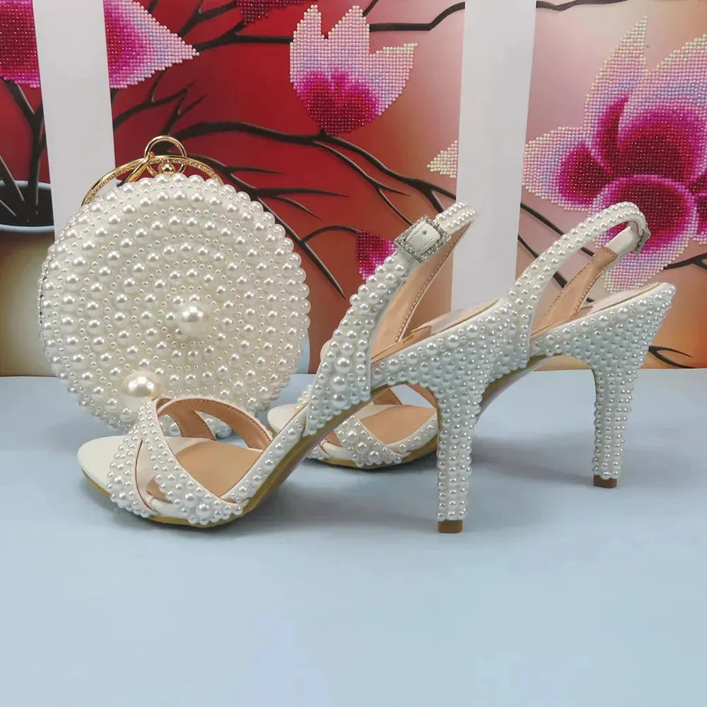 White Sandals Bridal shoes bag set woman Fashion Thin Heel Big Pearl Girls fashion Sandals party Shoes