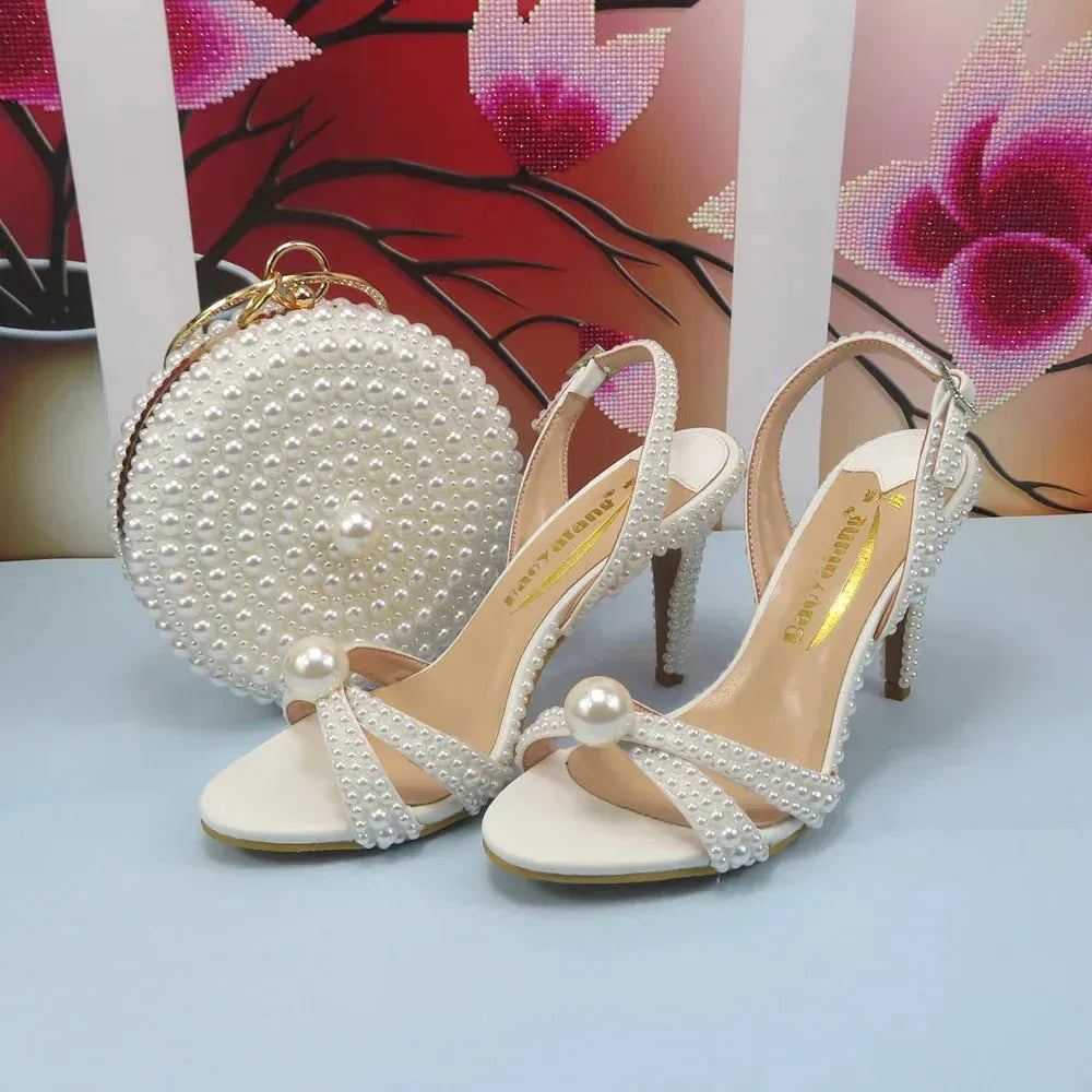 White Sandals Bridal shoes bag set woman Fashion Thin Heel Big Pearl Girls fashion Sandals party Shoes