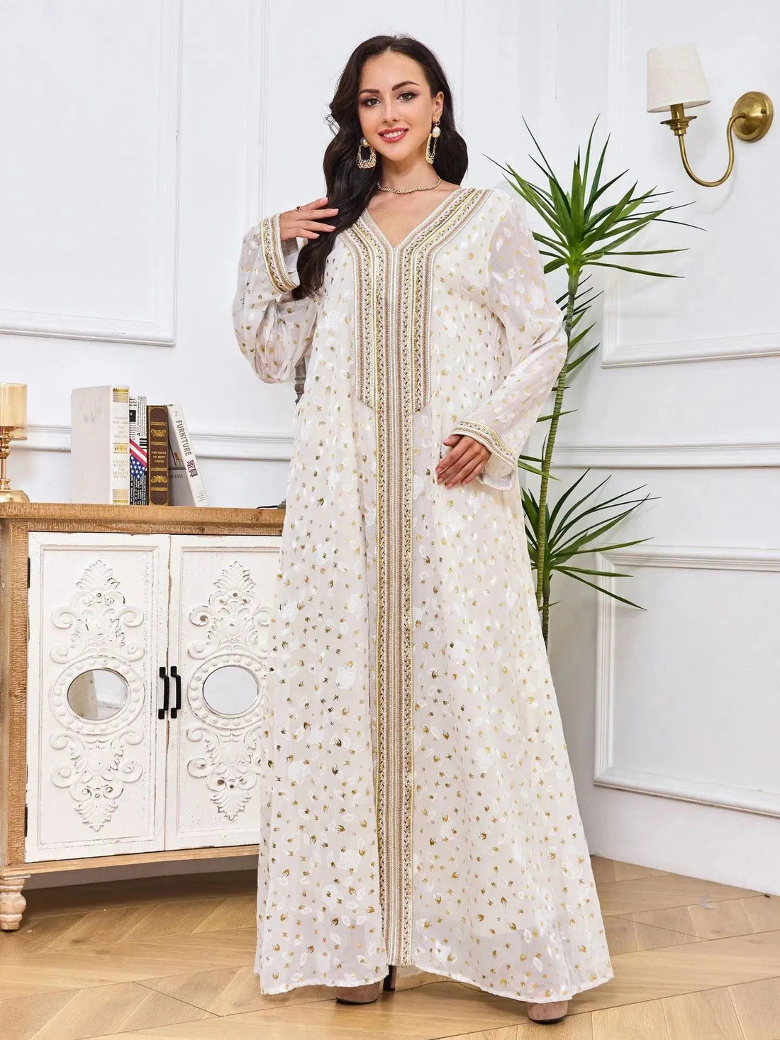 Dubai Abaya Fashion Mesh Chic Printing Tape Trim Full Sleeve V-Neck Belted Clothing Moroccan Elegant Women Long Dresses White Dress