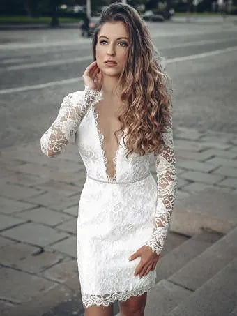 V-Neck Long Sleeves Wedding Dress Satin Bow Satin Court Train Sleeves Bridal Gowns Modern Princess White Vestido De Novia Mermaid Satin