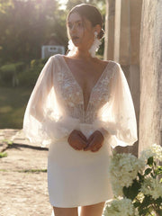 Abito da sposa corto in pizzo decorato con fiori a maniche lunghe a v-scollo sul retro Vestitido de novi Princess Abito in raso a fila satina