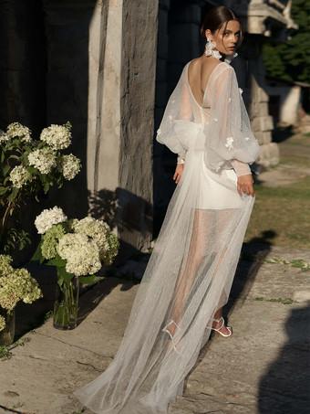 Abito da sposa corto in pizzo decorato con fiori a maniche lunghe a v-scollo sul retro Vestitido de novi Princess Abito in raso a fila satina