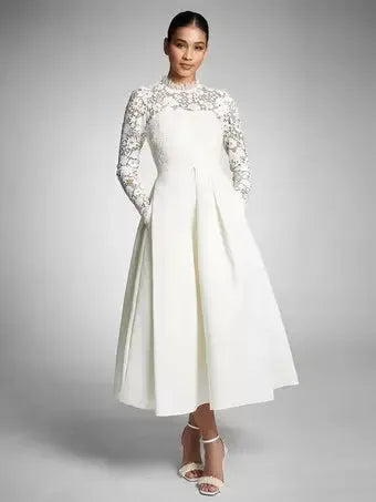 Ivory A-Line Calf Length Turtleneck Long Sleeves Wedding Dress Modern Princess White Vestido De Novia Mermaid Satin Bow Satin Court Train Sleeves Bridal Gowns Satin