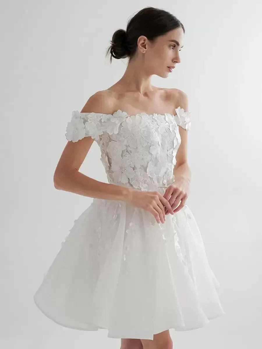 Off Shoulder Sleeveless Natural Waist Lace Short Wedding Dress Modern Bow Satin Court Train Sleeves Bridal Gown Princess White Vestido De Novia Satin Mermaid Bridal Gowns Satin