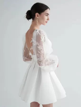 Abito da sposa corto v NERCHE CANSIE LUNGO A-LINE Abiti da sposa corti Bow Court Court Trains Treins Bianco MODERNO VEStitido de novi Princess Abito sirena di raso