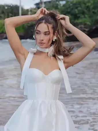 Ivory A-Line Calf Length Turtleneck Long Sleeves Wedding Dress Modern Princess White Vestido De Novia Mermaid Satin Bow Satin Court Train Sleeves Bridal Gowns Satin