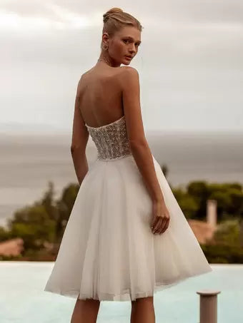 Vestido de novia corto decorado con perlas sin tirantes, mangas largas, escote corazón, cremallera en la espalda, vestido de novia, vestido de princesa, satén, sirena, lazo, satén, cola de corte, mangas, blanco, moderno, para novia 