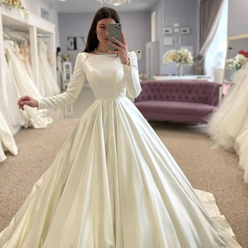 Vestidos de novia de princesa, una línea, cuello barco, vestidos de novia de manga larga, elegantes vestidos de fiesta de boda de satén con botones románticos 