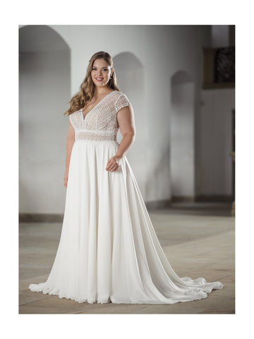 Elegant V-hals brudekjole korte ærmer rygfri chiffon brudekjoler a-line plus størrelse brude vestidos para mujer