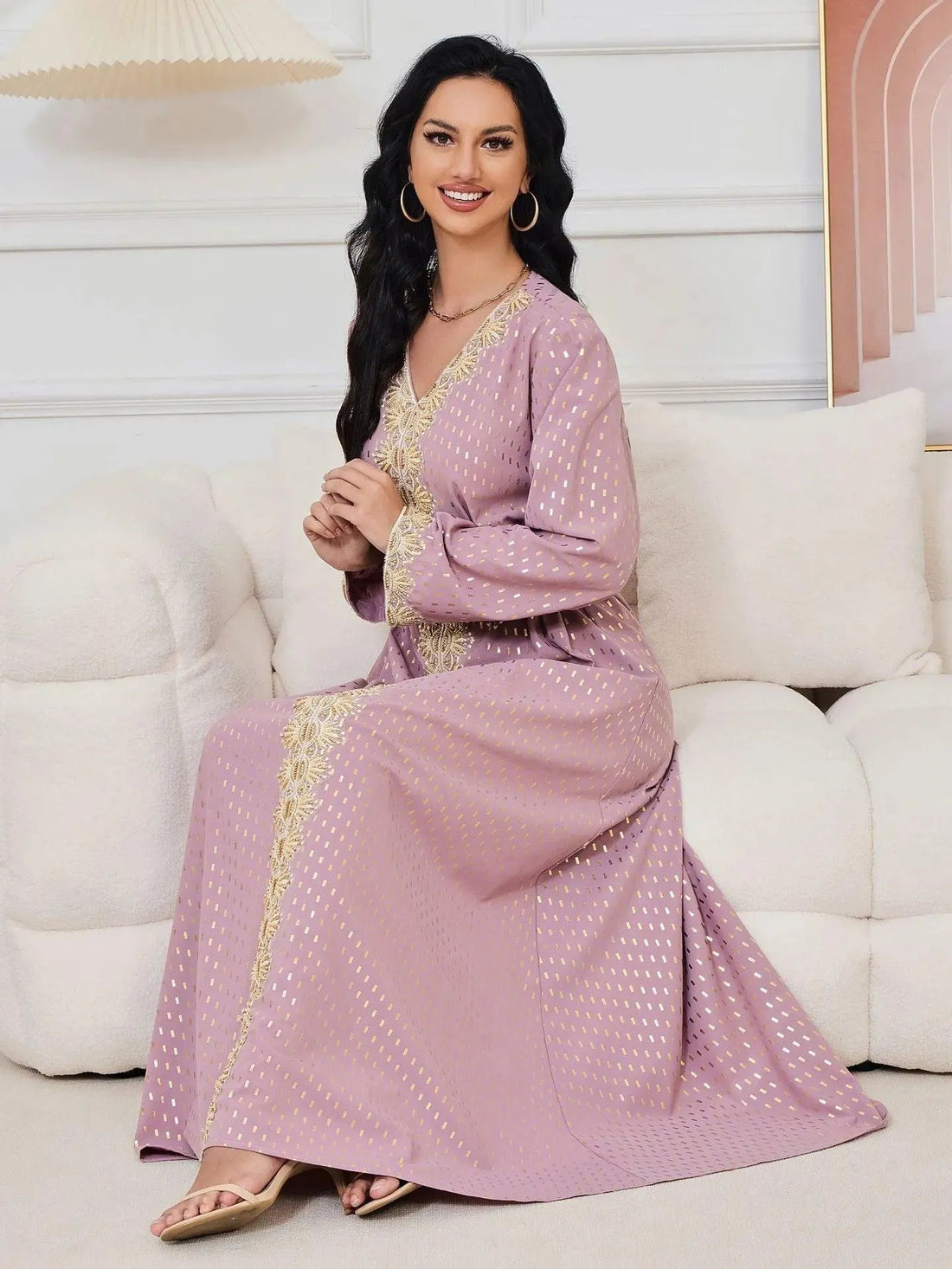 Fashion Beading Solid Belted Gold Stamping Evening Party Dress Moroccan African Gulf Women Abaya Turkish Saudi Kaftan Purple Dress