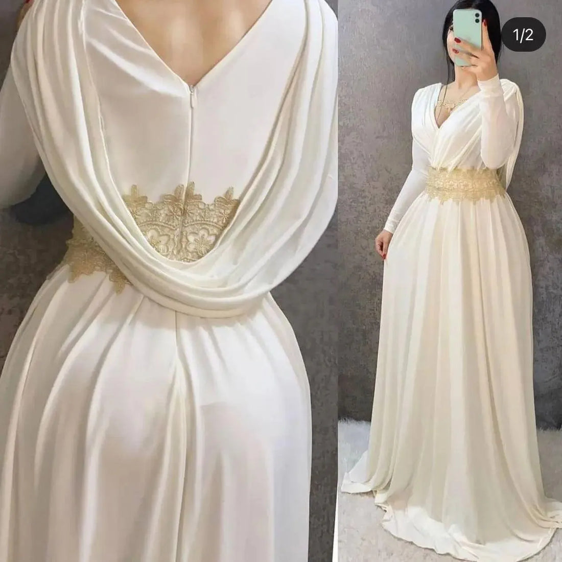 Ivory Chiffon Plus Size Evening Dresses Long Sleeves Lace Applique V Neck Vintage Arabic Women Formal Party Prom Gowns