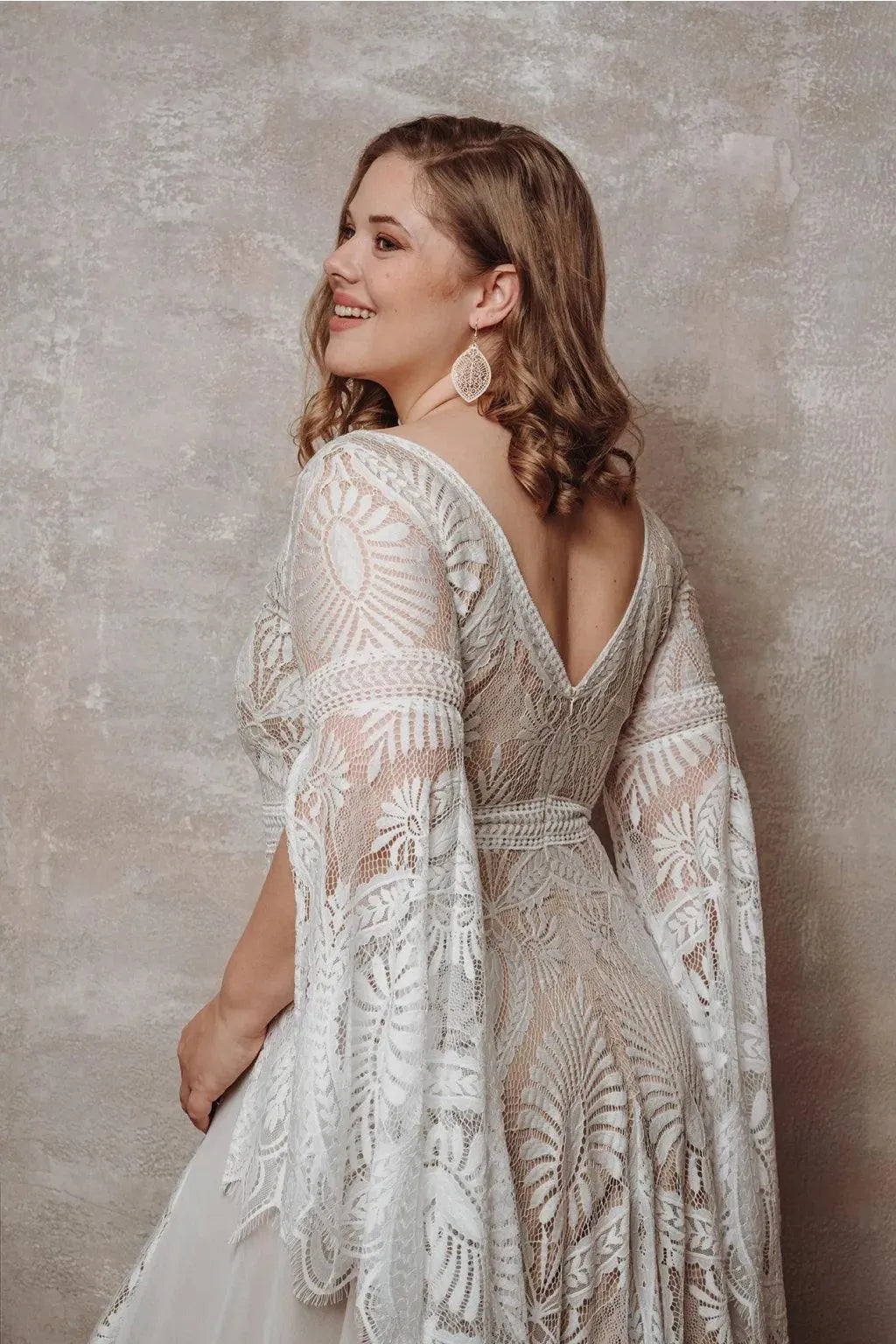 vestidos boda civil Boho Lace Long Sleeve Beach Flowy Plus Size Wedding Dress for Women V Neck Bridal Gown robe boheme femm As Picture Plus Size