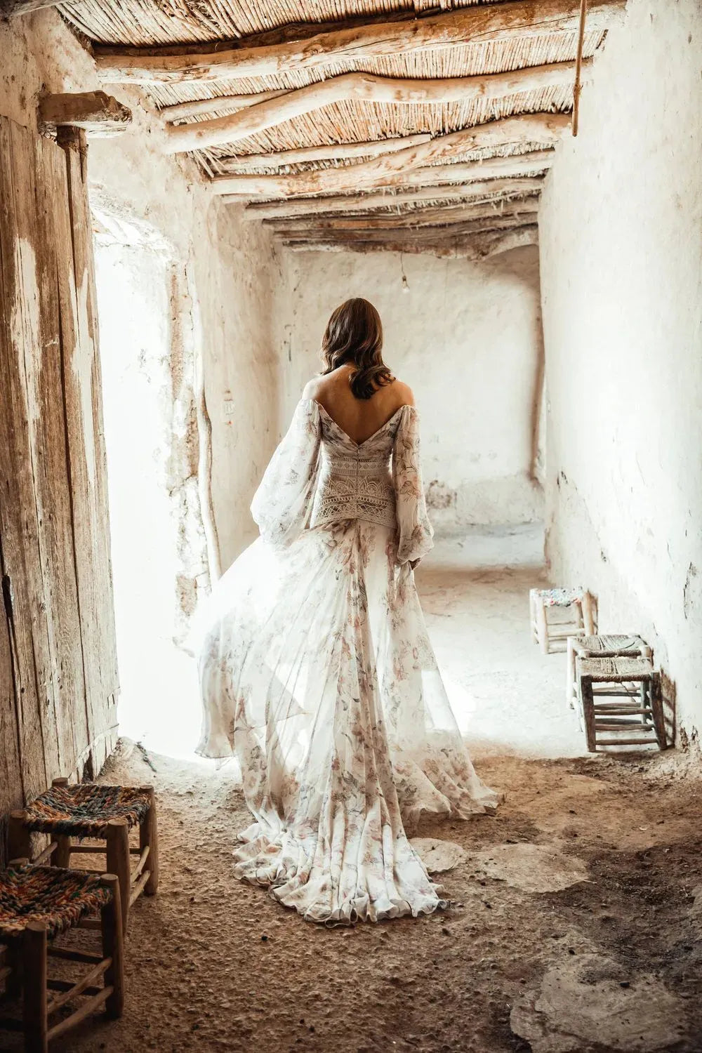 Bohemian Floral Print Appliques Lace A-Line Wedding Dresses Off The Shoulder Long Sleeve Bridal Gowns Vestidos De Novia As Picture