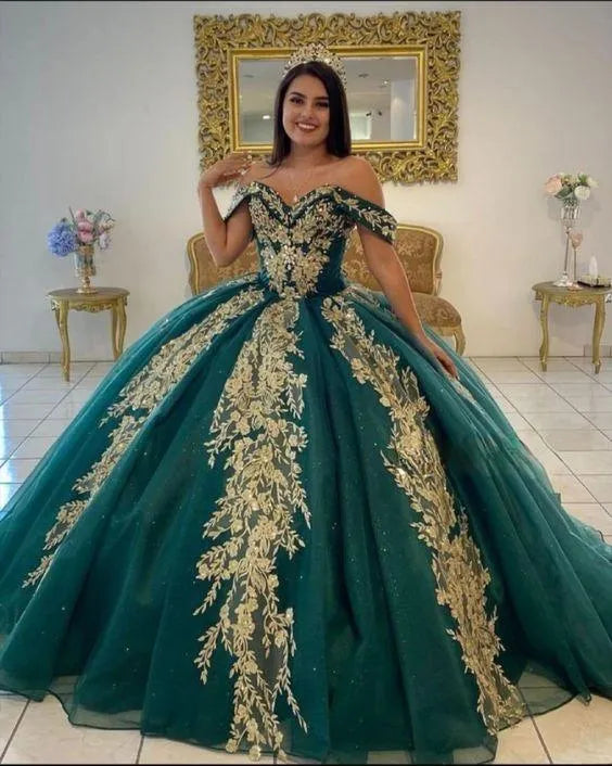 Quince Dress | Off Shoulder Green Quinceanera Dresses Princess Gold Floral Applique Party Gowns Vestido De 15 Anos Corset Back