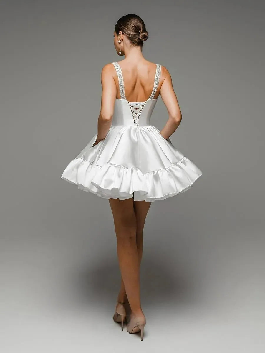 White Wedding Dress Spaghetti Straps Bow Bride Dress Short A line Marriage Dress Lace-up Back Party Dress Vestido De Noiva Satin Short Wedding Dress