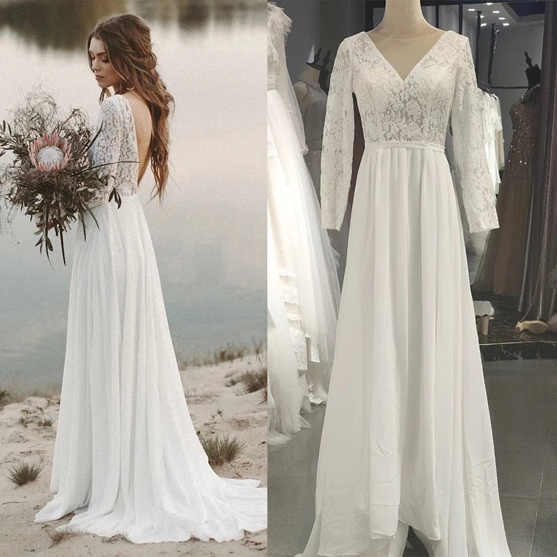 Vestidos de novia de playa, manga larga, escote en V, espalda abierta, vestidos de novia bohemios, vestidos de fiesta de gasa de princesa, cola larga 