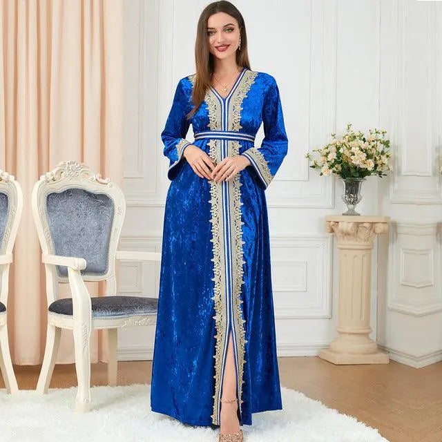 Dubai Luxury Velvet Autumn Winter Dresses Saudi Women Abaya Solid Long Sleeve Belted Muslim Ramadan Moroccan Kaftan Blue Dress