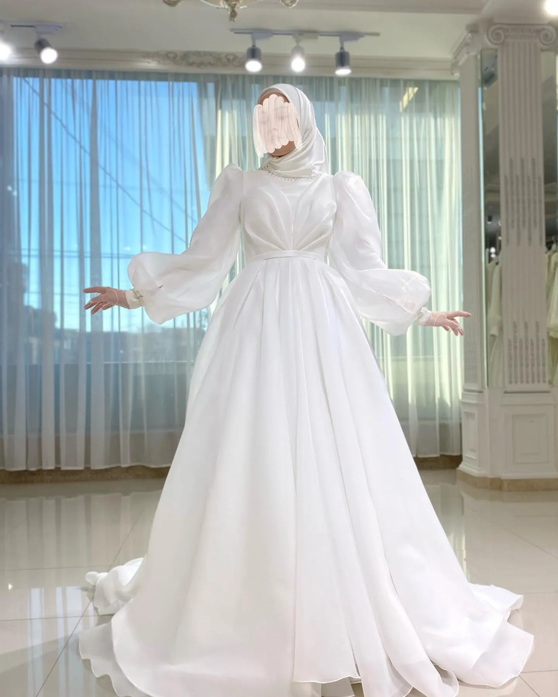 White Vestidos De Novia Muslim Wedding Dress for Women Bride White Organza High Neck Islamic Hijab Bridal Gown Puffy Sleeve White