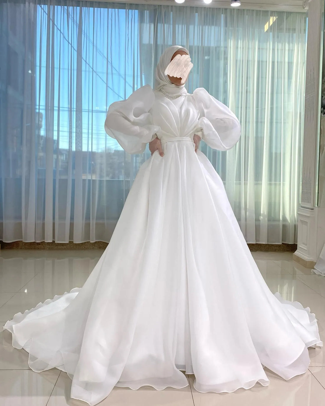 White Vestidos De Novia Muslim Wedding Dress for Women Bride White Organza High Neck Islamic Hijab Bridal Gown Puffy Sleeve White