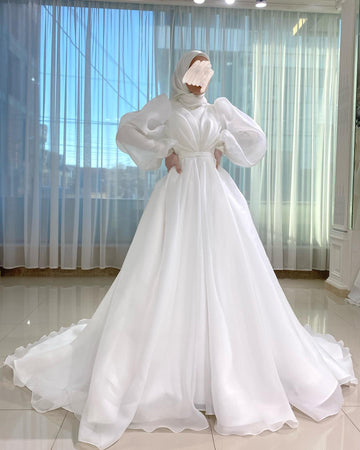 Robes De mariée blanches robe De mariée musulmane pour femmes mariée blanc Organza col haut islamique Hijab robe De mariée manches bouffantes 