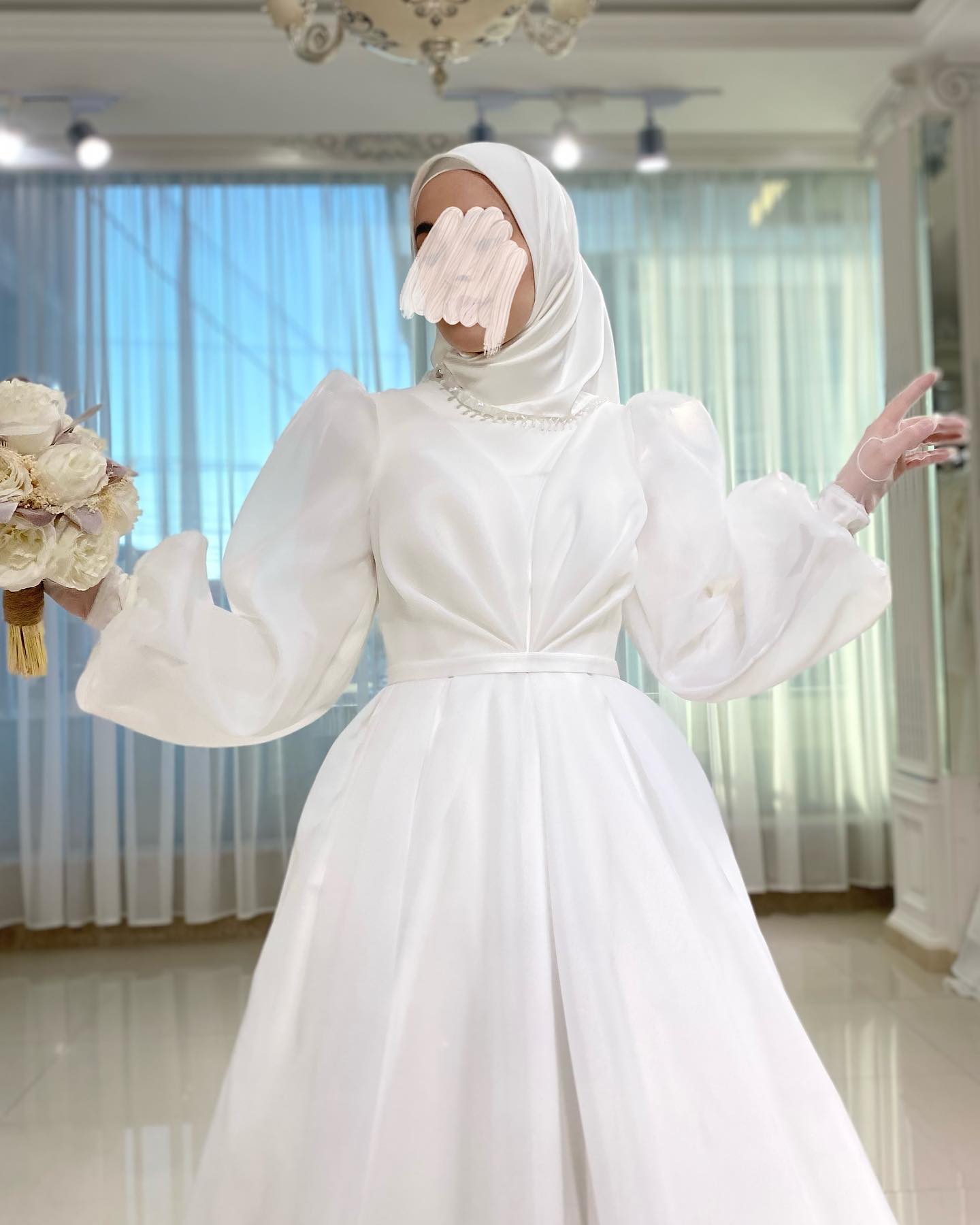 White Vestidos De Novia Muslim Wedding Dress for Women Bride White Organza High Neck Islamic Hijab Bridal Gown Puffy Sleeve