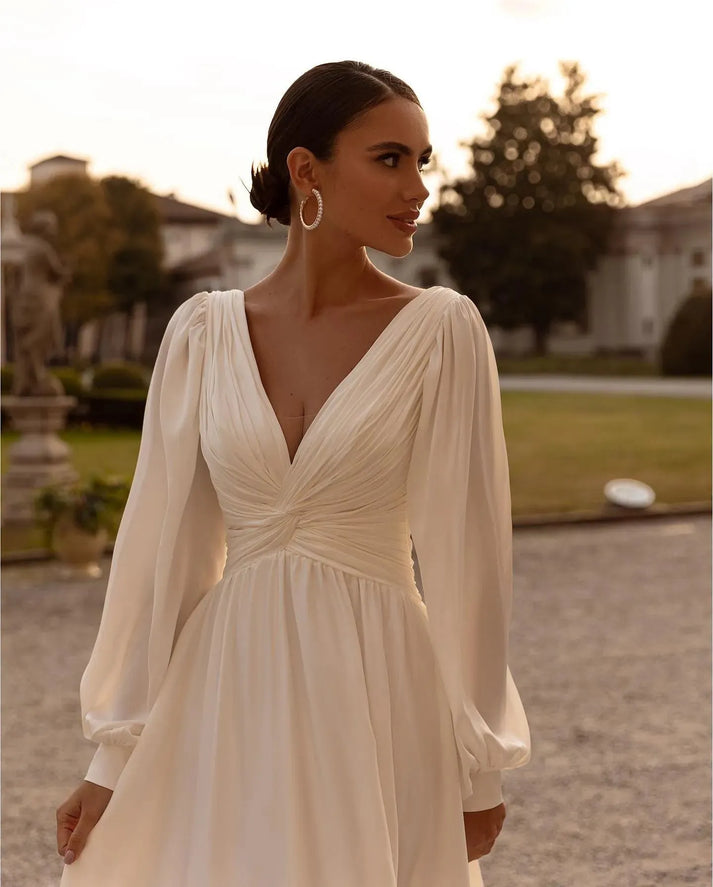 Ivory Boat Neckline V Back Lace & Chiffon Mesh Long Sleeve Wedding Dress main image 0