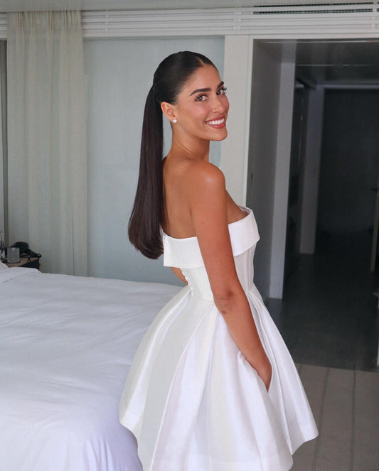 Vestidos de fiesta de boda sin tirantes de satén blanco, vestidos de baile cortos de corte A, vestido de novia con cordones en la espalda 